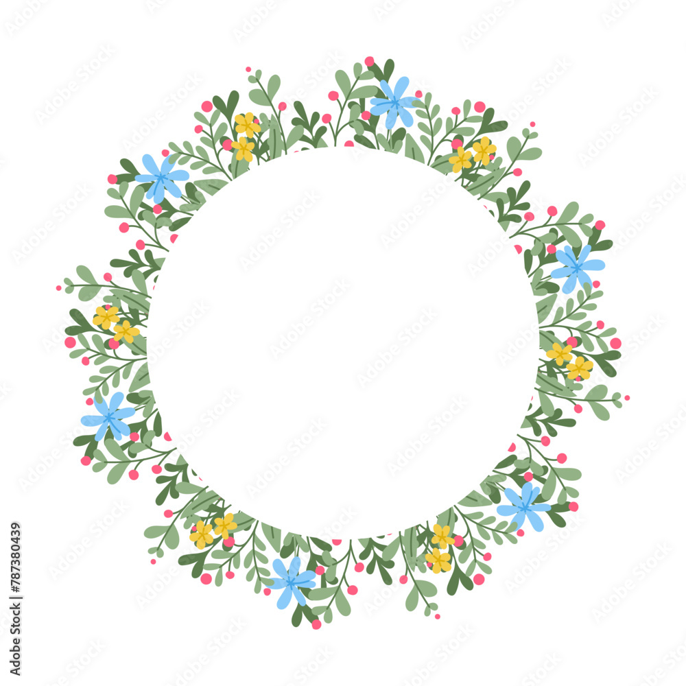 Floral round template with flat abstract plants. Spring concept on white background. Flat hand drawn colored items. Trendy print design for textile, wallpaper, interior, wrapping Floral round template with flat abstract plants. Spring concept on white background. Flat hand drawn colored items. Trendy print design for textile, wallpaper, interior, wrapping