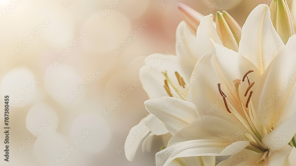 Close up white beige  lily flower natural floral background pastel color with copy space Natural beauty blossoming lily flower Peony blooms vertical flowery image celebrate nature post : Generative AI