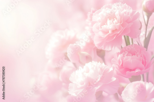 Beautiful soft pink background with blooming carnations, blurred. Banner design with copy space, closeup floral background in a blurred, light pastel style with delicate tones and gentle lighting.