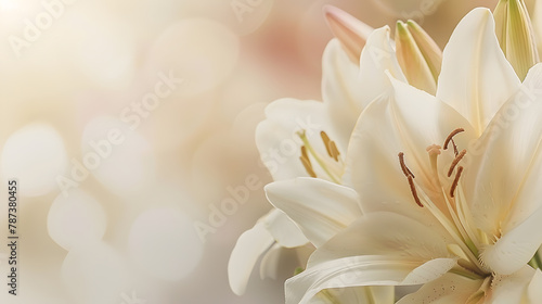 Close up white beige lily flower natural floral background pastel color with copy space Natural beauty blossoming lily flower Peony blooms vertical flowery image celebrate nature post : Generative AI