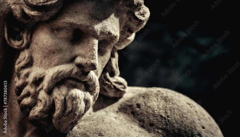 Fragment of an ancient stone statue of Hercules against black backgrouund as symbol of power and strength Fragment of an ancient stone statue of Hercules against black backgrouund as symbol of power and strength