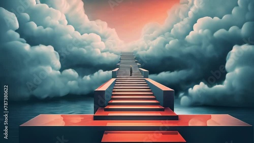  a person embarking on an ascent up a staircase that leads towards a mysterious, cloud-enshrouded destination above tranquil waters, under a warm, ethereal sky.   Generative Ai      photo
