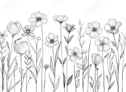 PNG Hand drawn line botanical with trendy wildflowers illustrated drawing sketch.