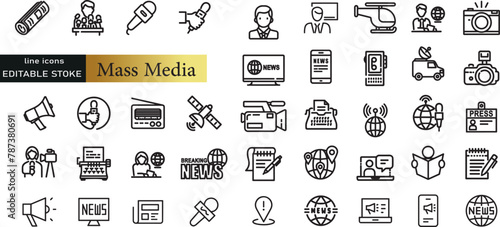Mass Media & Journalism line icons set. Mass Media outline icons with editable stroke collection. Includes News, Microphone, Typewriter, Office, News Reporter