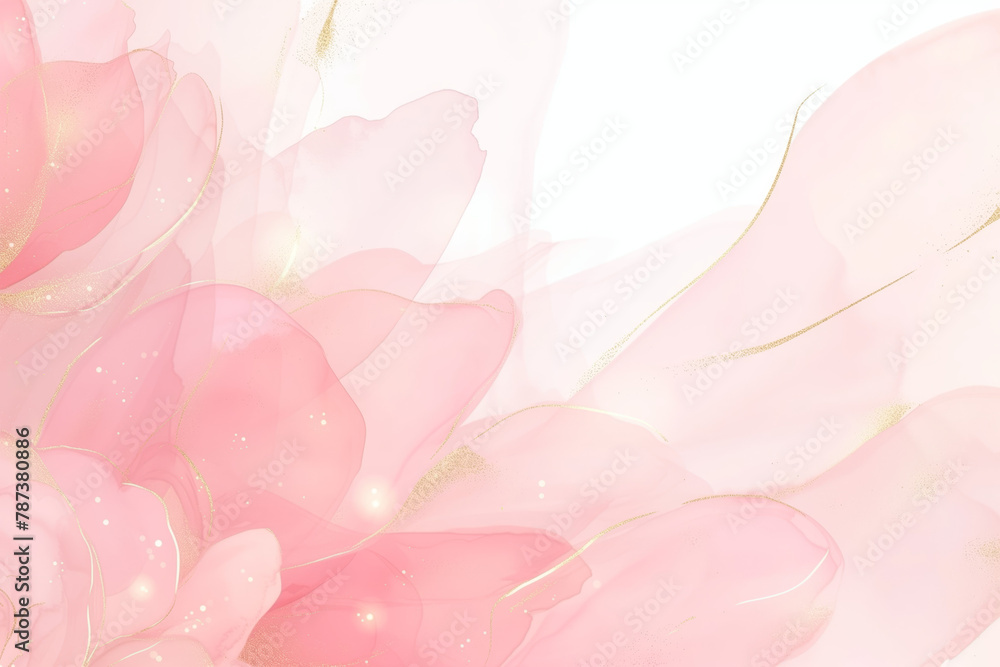 Pink and white watercolor background with gold brush strokes, a soft pastel color palette, pink rose petals and liquid shapes, a light blush tone, a delicate watercolour texture, a subtle shimmer.