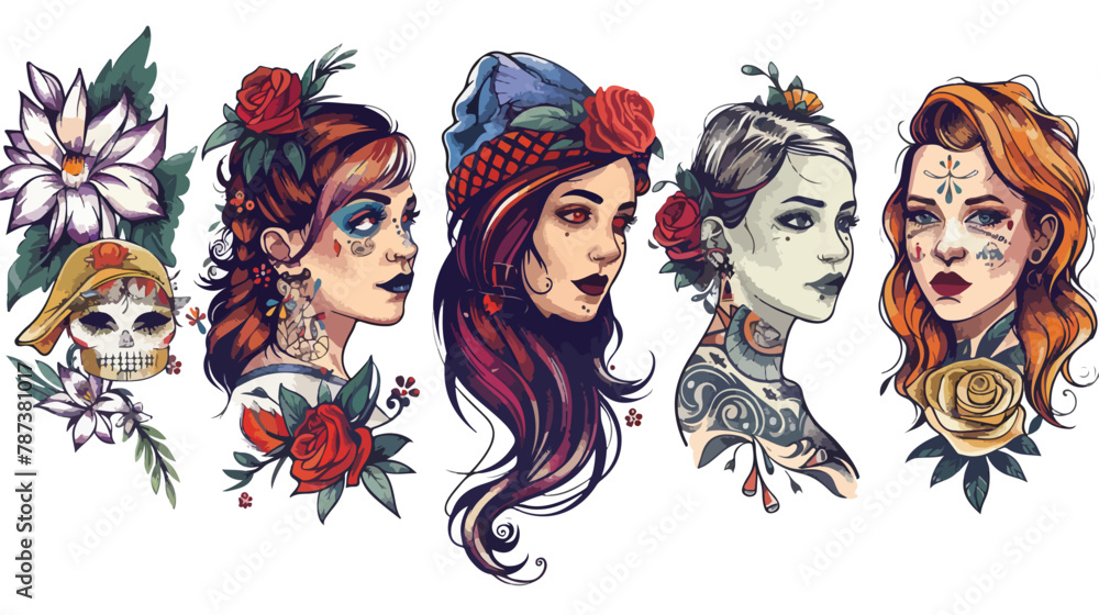 Beautiful tattooed women. Graphic vector set. 