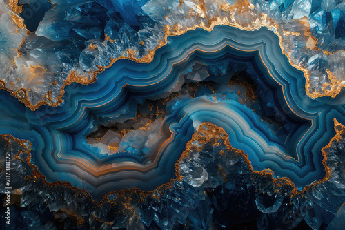 A stunning closeup of an elegant blue agate surface  showcasing its intricate patterns and rich textures. Created with Ai