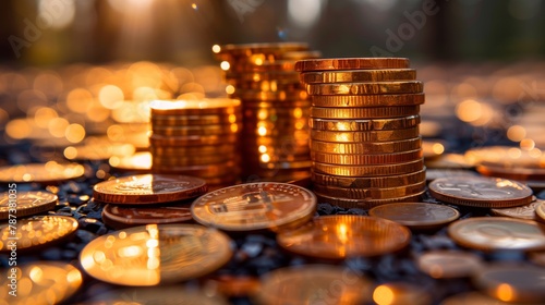 A stack of shiny gold coins on a wooden table, a treasure of money