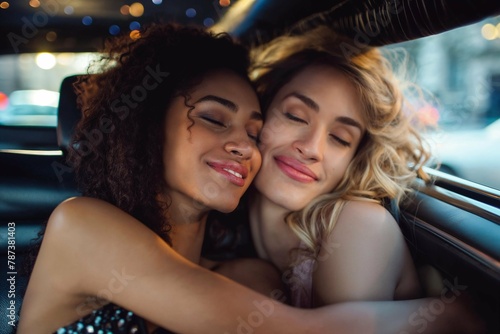 Two young newly married women cuddle affectionately in a limousine. Newlywed bliss in luxurious limousine as affectionate same-sex lesbian couple cuddle in tender moment on their special day photo