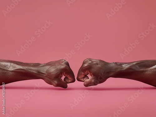 Fist bumps between two black persons individuals symbolizing respect, approval, and friendship, set against a pink background.