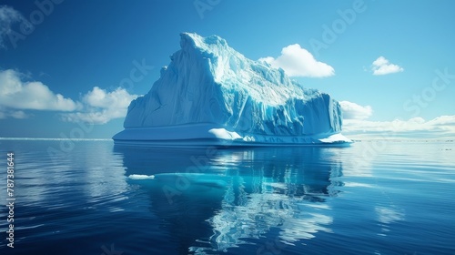 A large ice block floating in the ocean. The sky is clear and blue. The water is calm and still photo