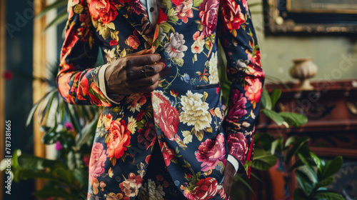 A man stands confidently in a fashionforward suit his bold floral pattern and unexpected s making a statement about his style and attitude. He embodies a new wave of elegance and sophistication .