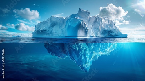 A large iceberg is floating in the ocean. The water is blue and the sky is cloudy