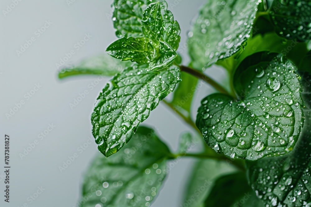 Fresh green mint leaves with water drops Fresh green mint leaves with water drops