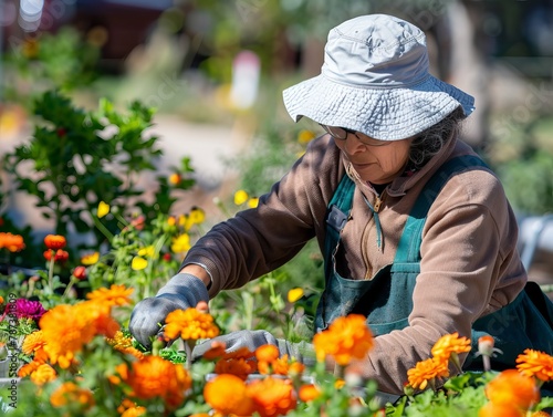 Gardener tending to flowers in sunny garden © Дарья Вовкула