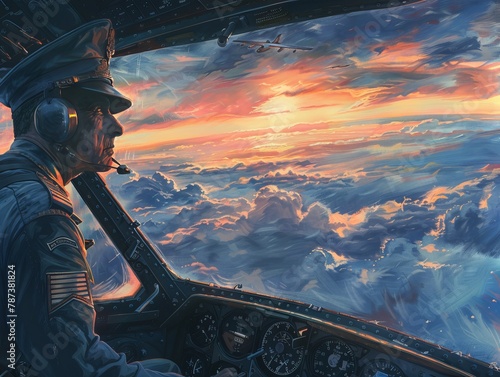 Pilot in cockpit against a vibrant sunset sky photo