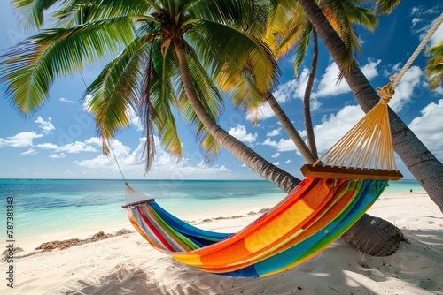 A peaceful hammock sways between two towering palm trees on a pristine beach, offering a tranquil retreat by the clear turquoise waters. © Alexandra