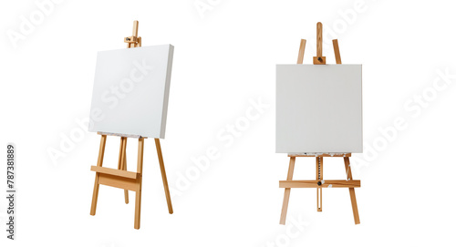 front and side view of a wooden easel and blank empty white canvas mockup. Isolated transparent background PNG. Made of wood. Wooden. Premium pen tool flawless cutout. Art studio. Painting concept.