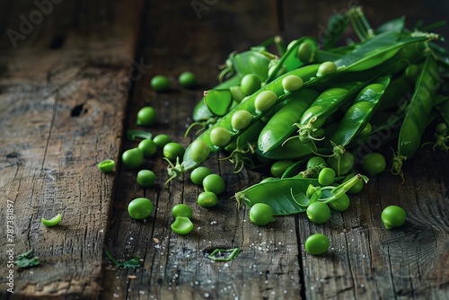 Fresh green peas on rustic wooden table