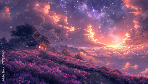 Beautiful night sky with stars, fantasy house on a hillside, a path of light leading to it, glowing flowers in purple and orange tones, in the style of anime. Created with Ai #787382063