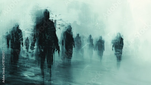A group of people are walking in the rain, with some of them holding guns. Scene is dark and ominous, as the people seem to be in a zombie-like state