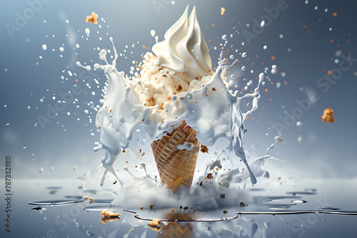 Waffle cone of sweet ice cream with vanilla and splashes of milk and syrup on a light background
