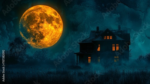 A large orange moon is in the sky above a creepy house. The house is surrounded by a dark, eerie landscape