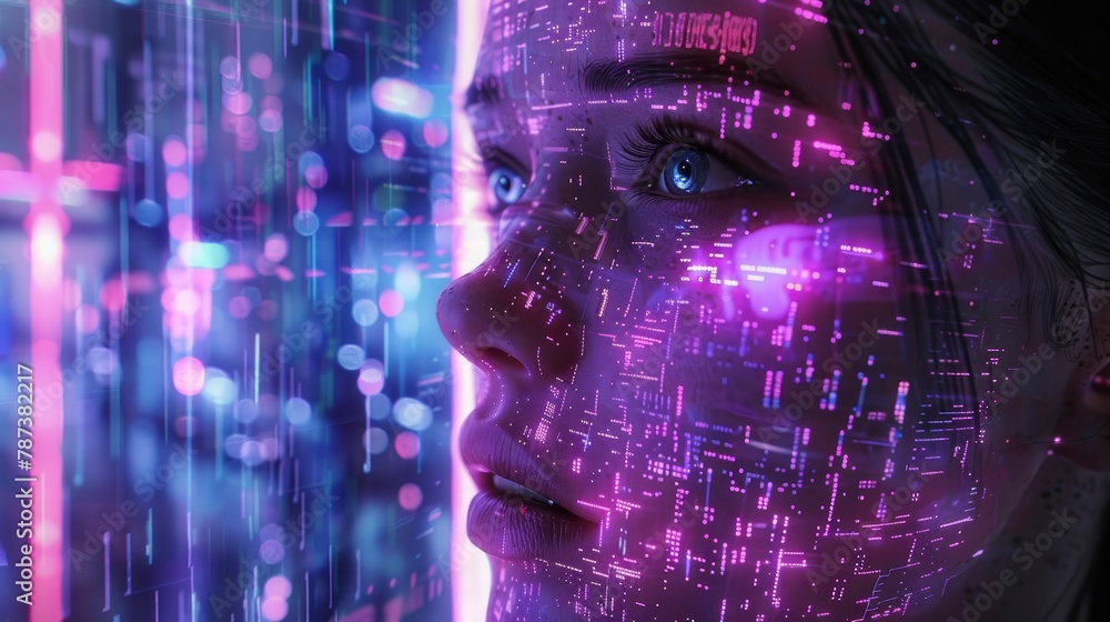 A woman's face is projected onto a screen with a city background. The image is a representation of the idea of technology and its impact on human identity A woman's face is projected onto a screen with a city background. The image is a representation of the idea of technology and its impact on human identity