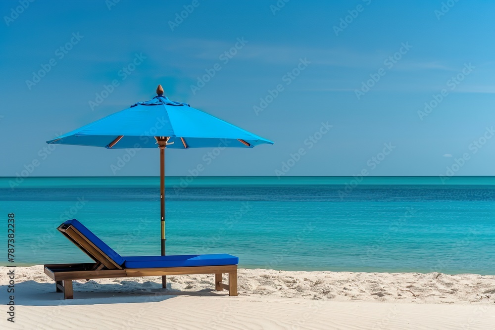  A solitary beach chair and a striking turquoise umbrella stand invitingly on a sunlit sandy beach, symbolizing perfect solitude and relaxation