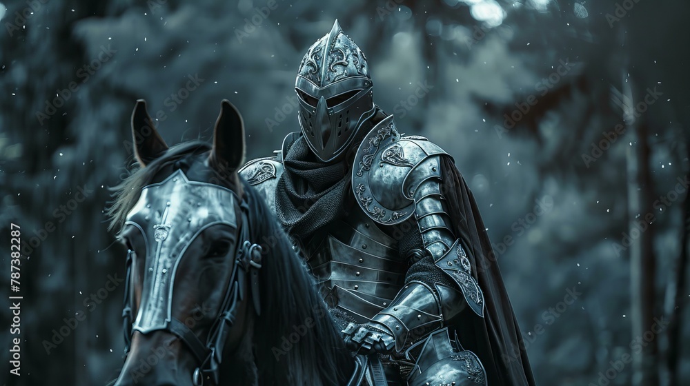 medieval knight on horse in metal armor with sword and helmet medieval knight on horse in metal armor with sword and helmet