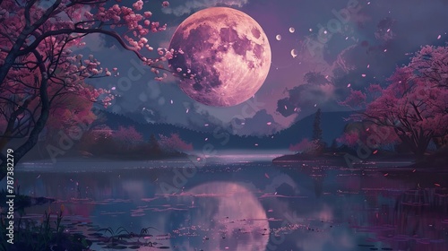 pink moon over the river with pink trees  peacefulness  lofi music background
