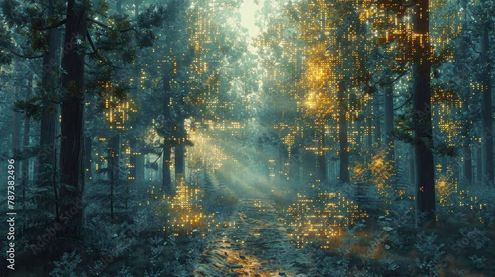 Fototapeta premium A forest with glowing trees and a path