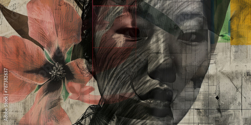 Abstract Woman Portrait with Floral Overlay in Grunge Style