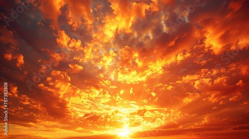 The sky is orange and the sun is setting. The clouds are scattered and the sky is filled with light