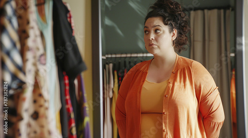 An overweight woman standing in front of a mirror, contemplating while trying to choose clothes from her home wardrobe.