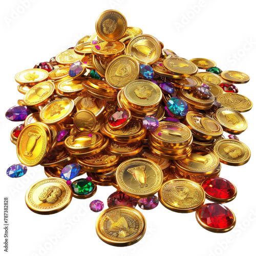 A pile of old golden coins and gems photo