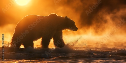 An impressive silhouette of a grizzly bear walking in mist across a river's edge at sunset