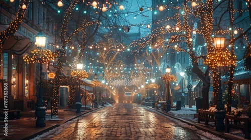 A street with lights on the trees and buildings