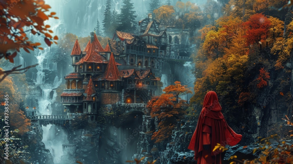 Obraz premium A woman in a red cloak stands in front of a castle with a waterfall in the background. The scene has a peaceful and serene mood