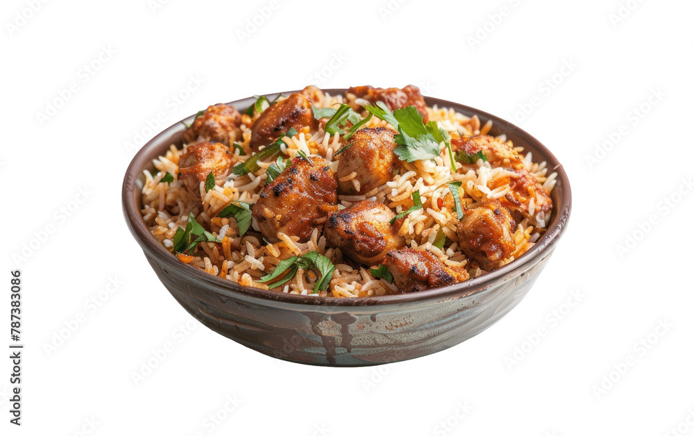 Chicken biriyani in a bowl isolated on Transparent background.