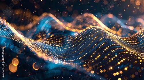 Abstract futuristic background with gold and blue glowing neon moving high speed wave lines and bokeh lights. Visualization of sound waves. Data transfer. Fantastic wallpaper gen by AI © pinkrabbit