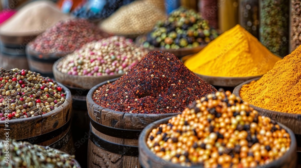 A variety of spices are displayed in wooden bowls. The spices include red pepper flakes, yellow pepper flakes, and black pepper