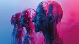 A group of four human heads are painted in blue and pink. The heads are distorted and dripping with paint, giving the impression of a surreal and abstract scene