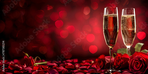 Valentine's Day dinner. Champagne glass and roses on velvet drape  photo