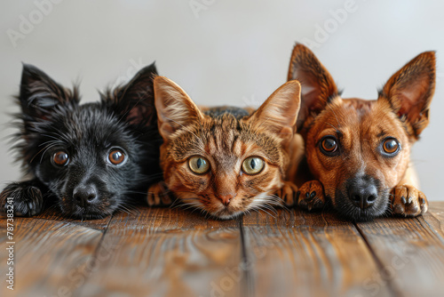 Three cute cats and a black chihuahua, on a white background, looking at the camera. Created with Ai