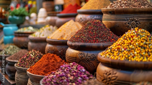A variety of spices are displayed in wooden bowls. The spices are arranged in a colorful and visually appealing manner