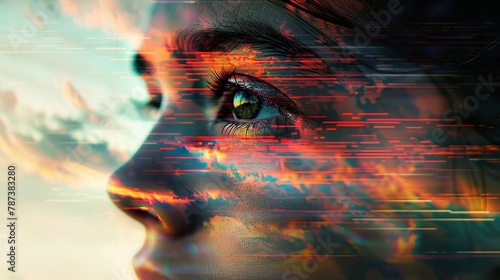 A woman's face is blurred and distorted, with a green eye and red and orange streaks. The image has a dreamy, surreal quality to it