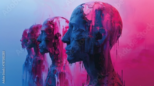A group of four human heads are painted in blue and pink. The heads are distorted and dripping with paint, giving the impression of a surreal and abstract scene #787383285
