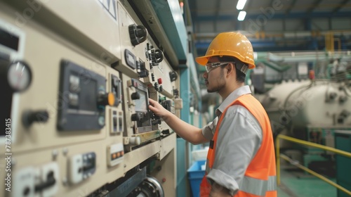 Engineers and factory managers wearing safety helmet inspect the machines in the production. inspector opened the machine to test the system to meet the standard. machine, maintenance.