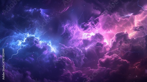 A colorful sky with purple and blue clouds and a few lightning bolts. The sky is filled with a sense of wonder and awe, as if it is a vast and mysterious universe waiting to be explored photo